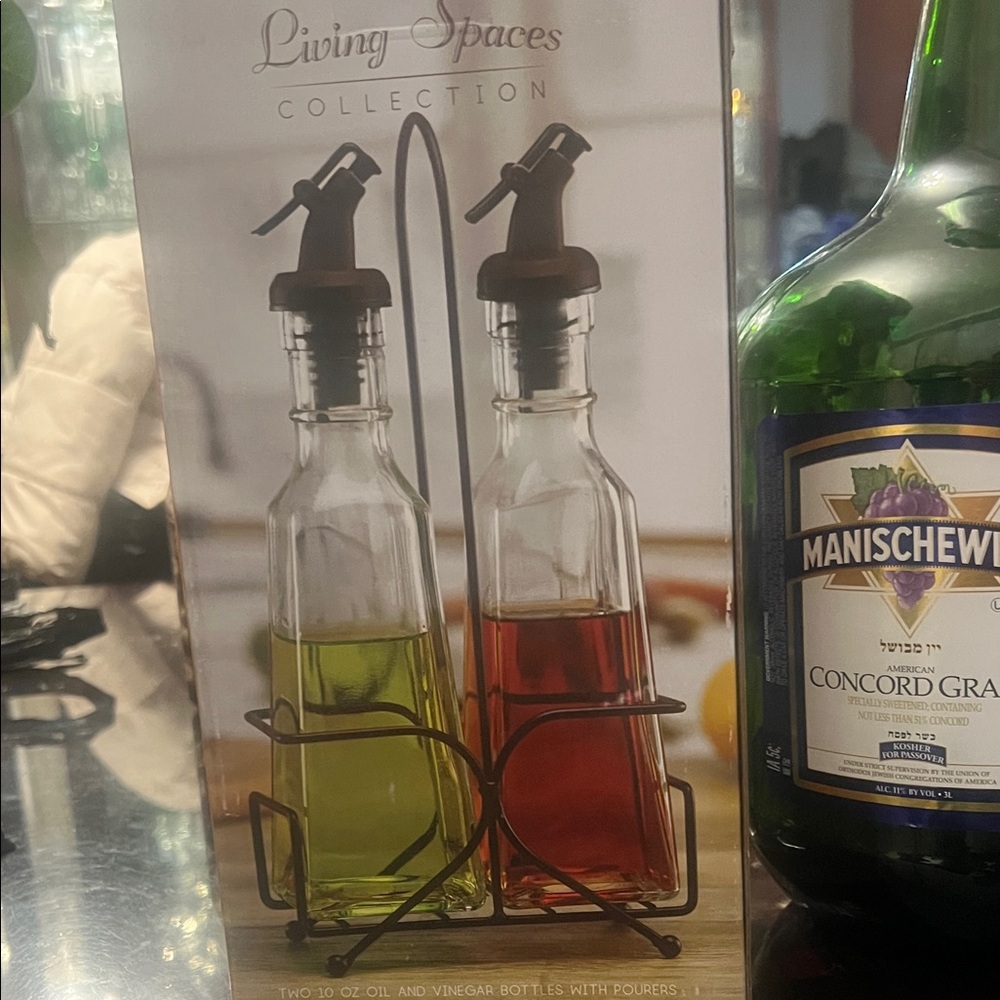 Living Spaces Clear Glass Oil & Vinegar Bottle Set with Brown Pourer Lids